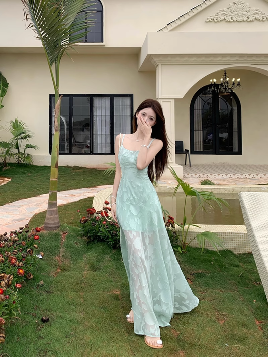 Jacquard Suspender Dress Summer Green Seaside Holiday Dress YM2112