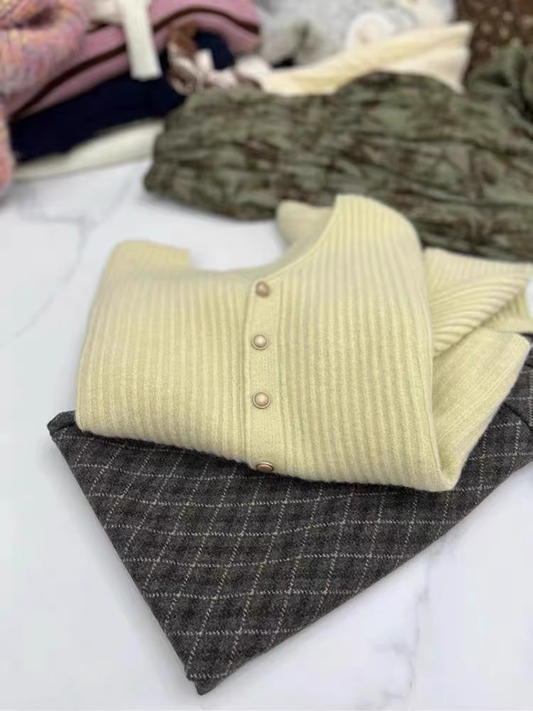 V-neck cream yellow sweater knitted cardigan coat YM1878