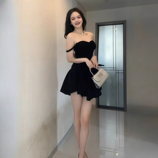 Elegant Black Spaghetti Straps A Line Short Birthday Outfits Holiday Dress YM2240