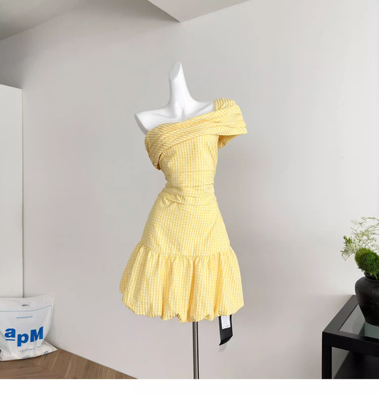 Yellow Off-shoulder Sweet Petite Short Flower Bud A-Line Dress YM2095