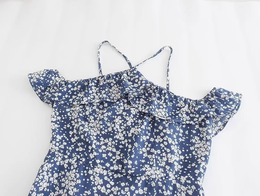 French retro floral one-shoulder halterneck slim dress YM474