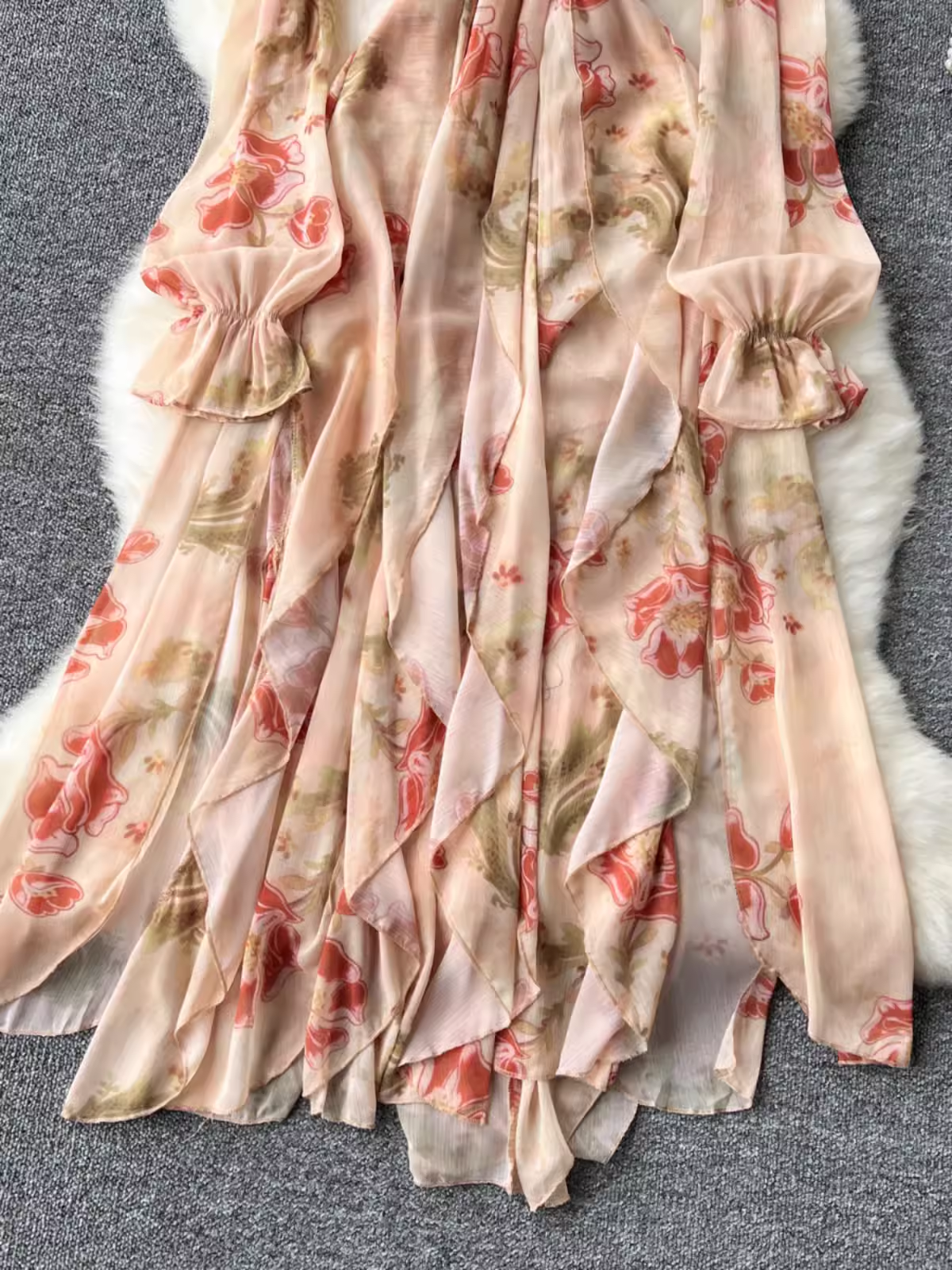 Irregular ruffled printed chiffon dress YM1468
