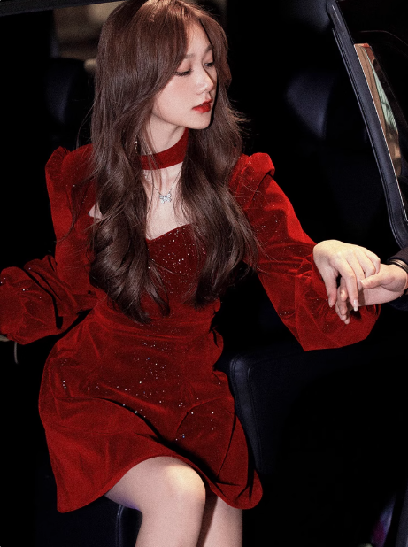 Burgundy velvet a line birthday party evening dress YM1964