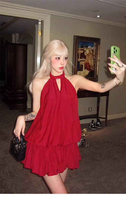 Red Halter Backless Short Prom Dress Birthday Outfits YM2012