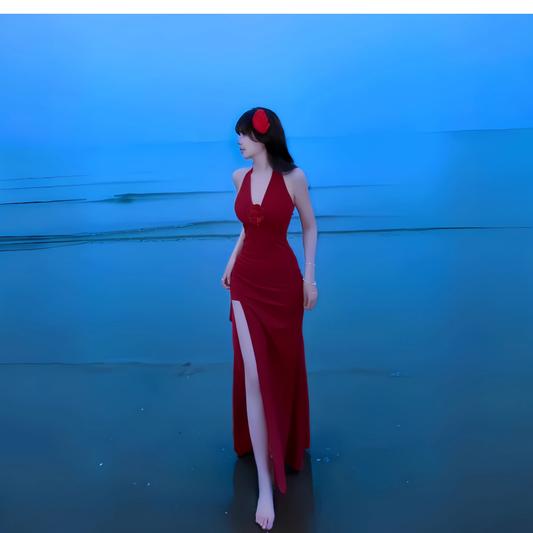 Sexy Red Halter High Slit Long Party Dress V Neck Vacation Dress YM2205