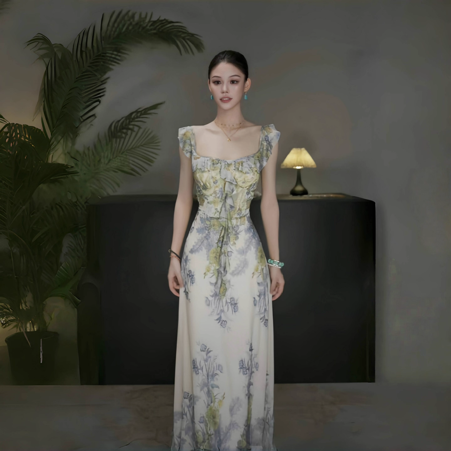 Fashion Green Printed Floral Straps Birthday Dress Women's Sexy Long Holiday Dress YM2280
