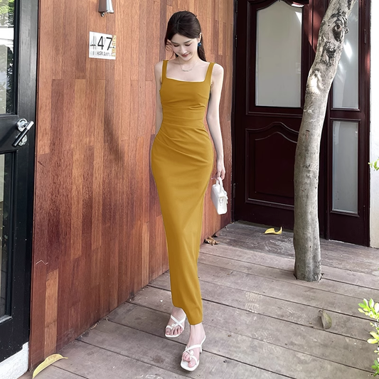 Simple Square Neck Turmeric Sheath Long Holiday Dress Vacation Dress YM2149