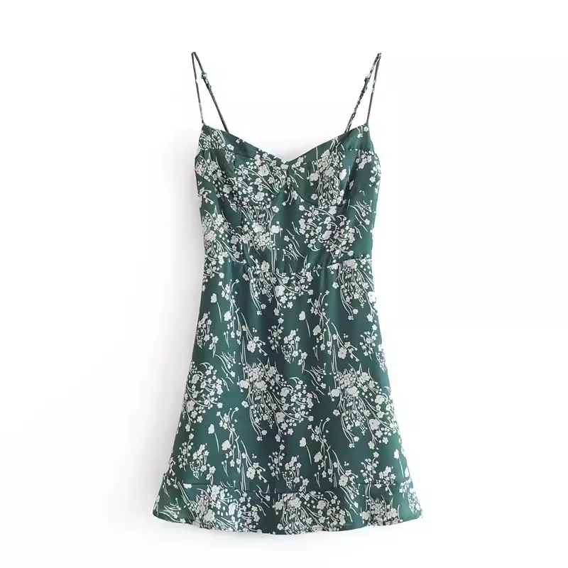 Green floral suspender A-line dress YM1301