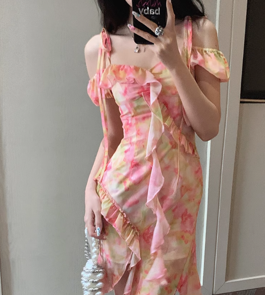 Pretty Spaghetti Straps Chiffon Print Floral Ruffle Party Dress Beach Dress YM2017