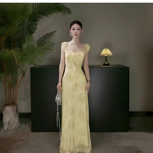 Elegant Yellow Ruffled Printed Women Dress Sheath Long Holiday Dress For Seaside YM2226