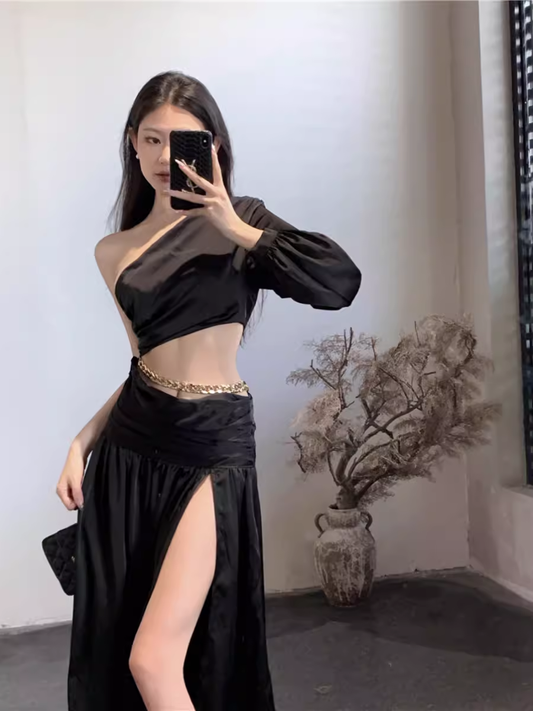 One Sleeve Black Dress YM1480