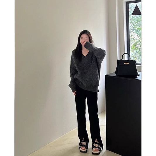 Women's gray V-neck sweater YM1889