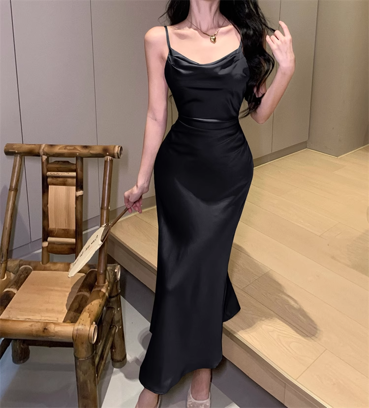 Simple spaghetti straps satin long mermaid party prom dress YM1967