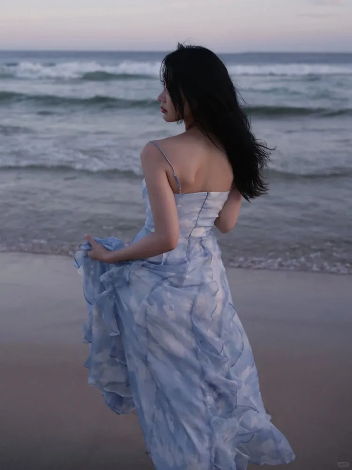 Classy Blue Suspender Party Dress Seaside Holiday Beach Long Dress YM2307