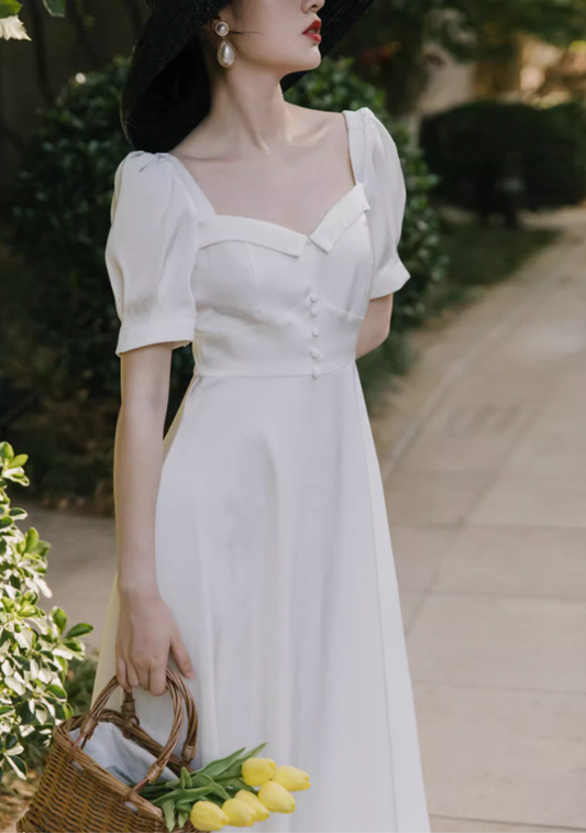 Elegant White Satin Long Party Dress Birthday Dress YM2363