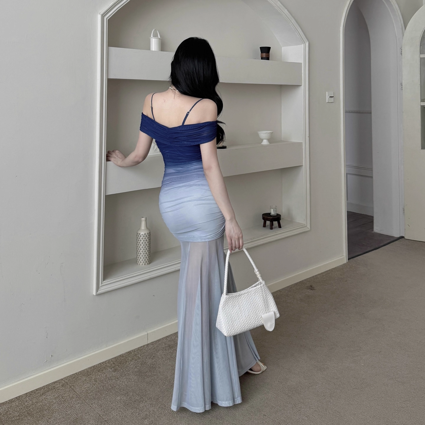 Unique Off The Shoulder Blue Ombre Sheath Long Vacation Dress Holiday Dress YM2276