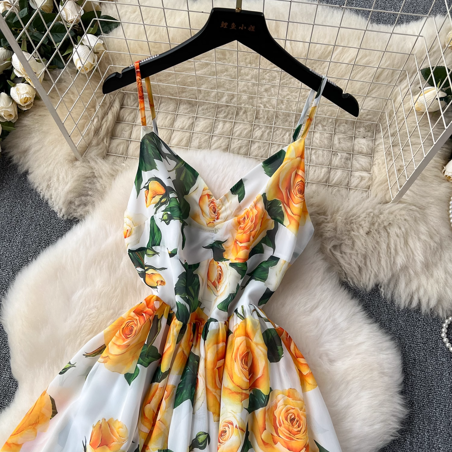 Summer new style French retro elegant printed suspender long dress YM1106