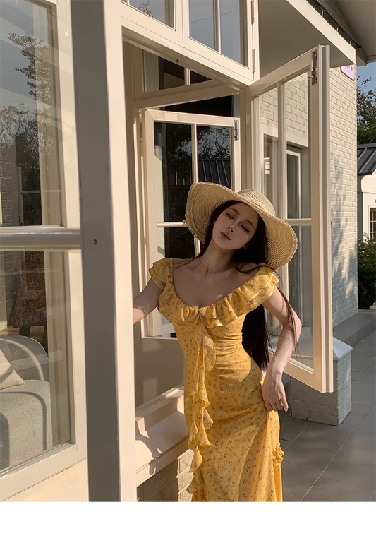 Pretty Off The Shoulder Chiffon Floral Ruffles Party Dress,Yellow Prom Dress YM1987