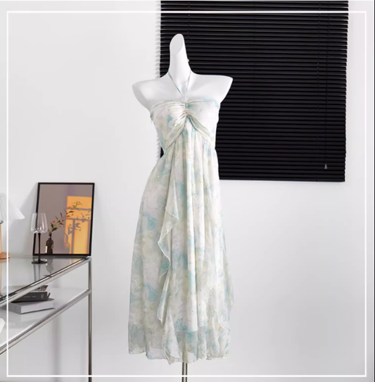 Classy Green Sea side Holiday Long Dress Halter Neck Strapless Party Dress YM2310