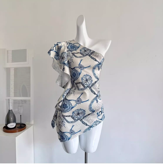 Off-shoulder Irregular Satin Print Hot Girl Sexy Mini Dress Holiday Dress YM2091