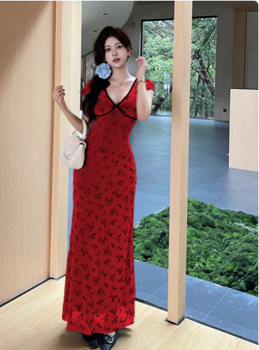 Vintage Red Print Floral Sheath Long Birthday Dress Vacation Dress YM2232