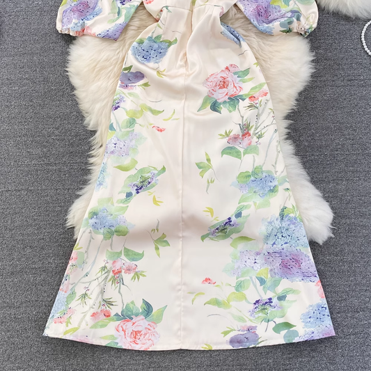 Holiday Style Printed Deep V Neck Dress, YM232
