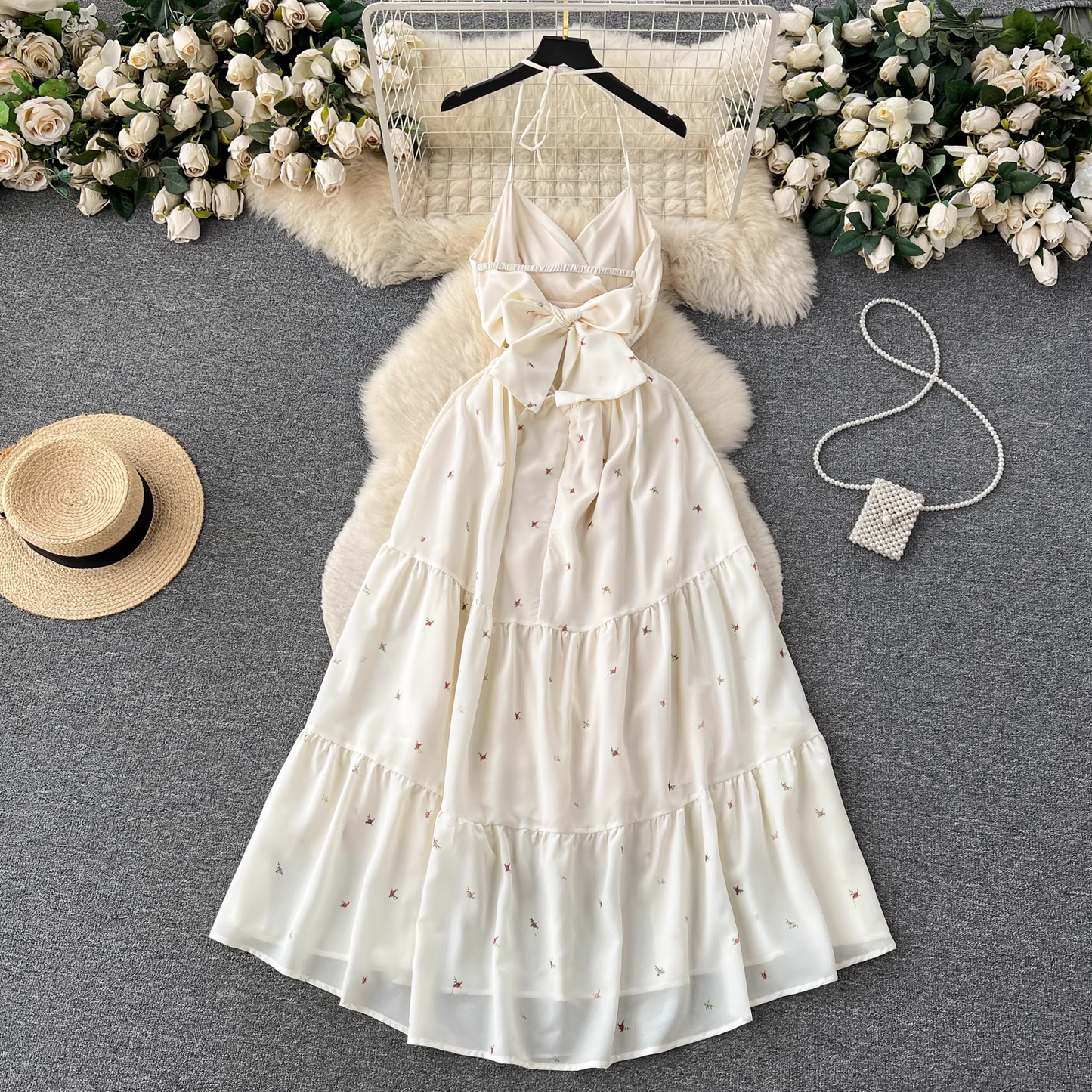 Retro style halter neck strap floral summer dress ,YM149