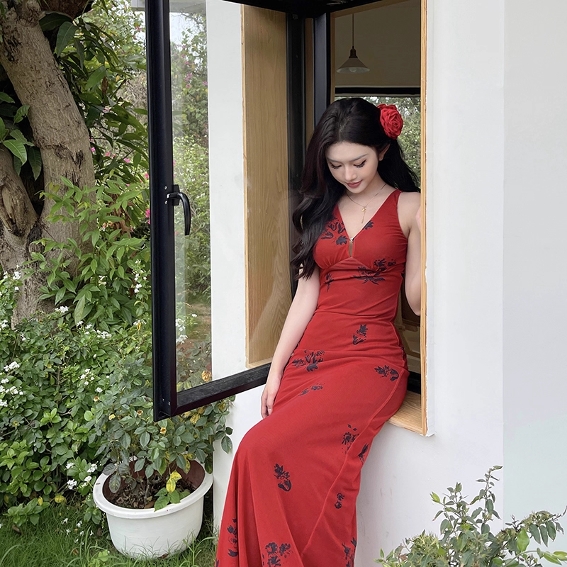 Sexy V Neck Red Print Floral Long Birthday Dress Vacation Dress YM2203