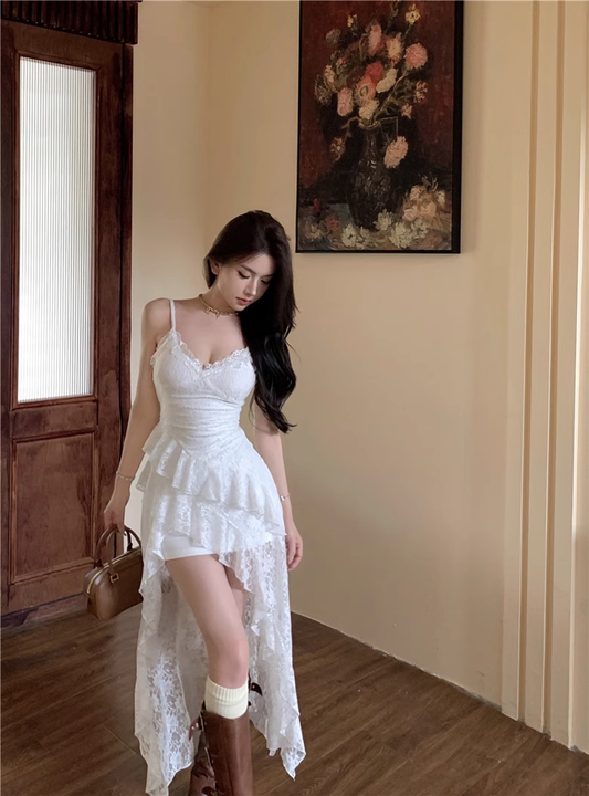 French Lace V-neck Suspender Dress Summer Vacation Dress Irregular White Long Holiday Dress YM2111