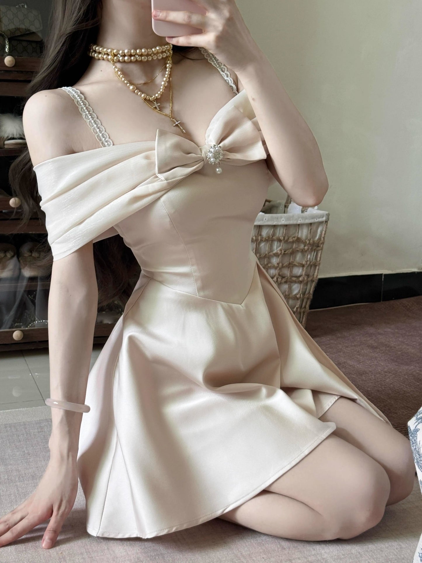 White Off The Shoulder Bow Princess Dress Mini Dress YM1640