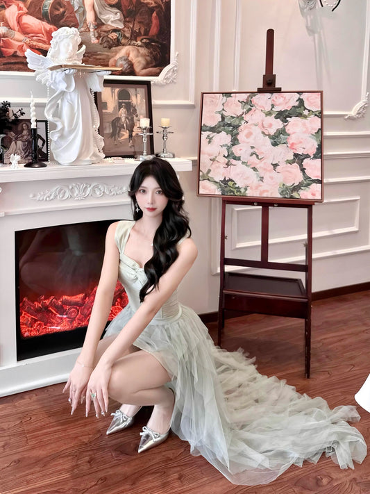 Light Green Brithday Dress Irregular Tulle Prom Dress With Train YM1641