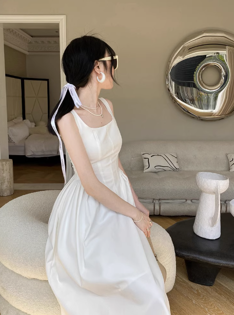 Elegant white spaghetti straps a line long party dress YM1951