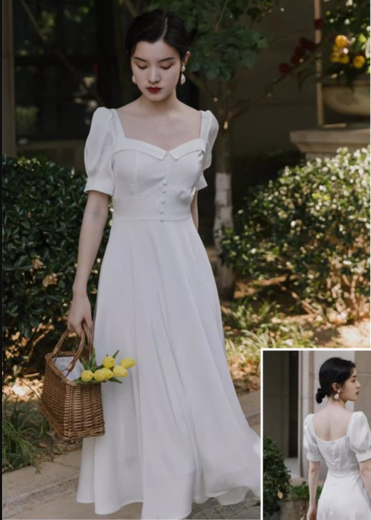 Elegant White Satin Long Party Dress Birthday Dress YM2363