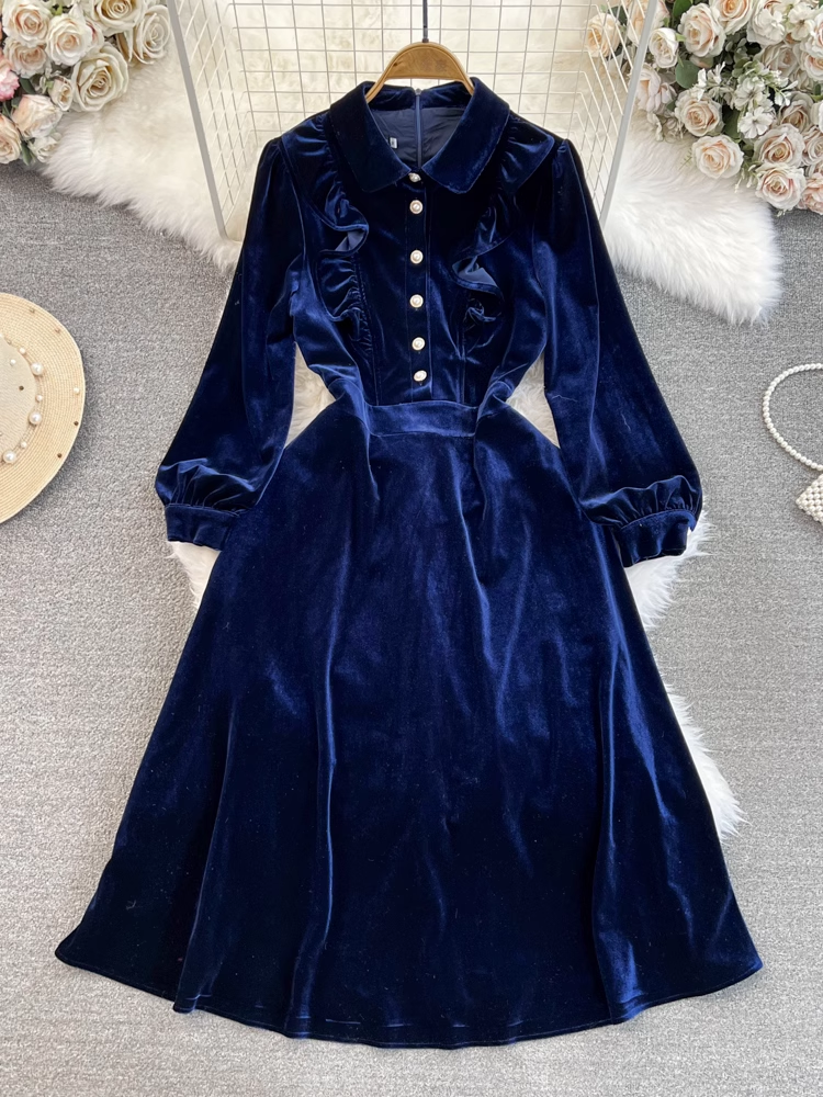Long sleeve lapel a-line velvet dress YM990 ymprom Long sleeve lapel a-line velvet dress YM990 ymprom