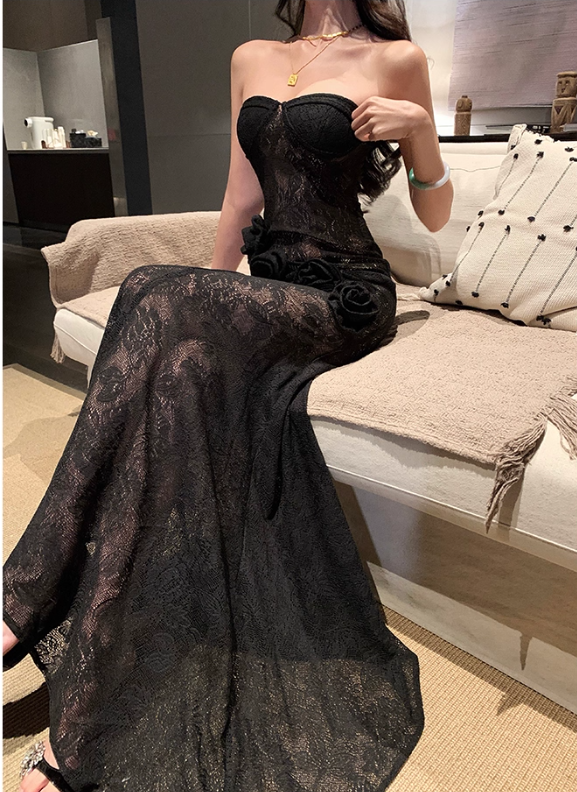Sexy Floral Lace Strapless Evening Dress Black Long Party Dress YM2174