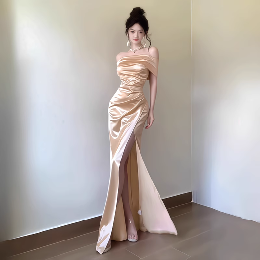 Classy Champagne Off The Shoulder Birthday Party Dress Satin Slit Long Holiday Dress YM2233