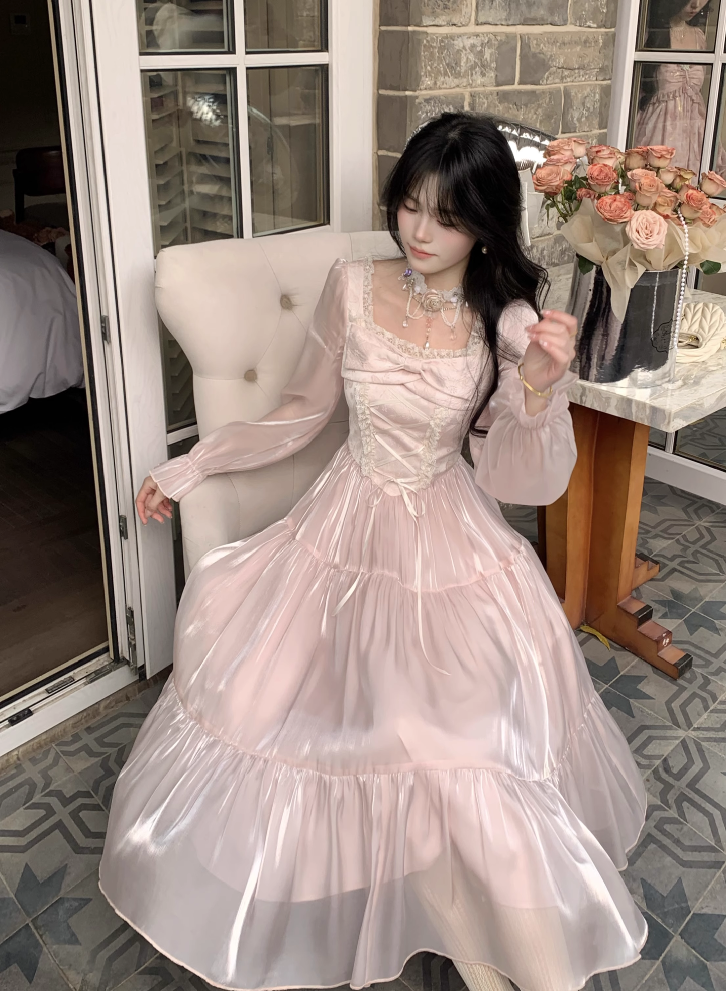 Pink French Square Neck Long Dress Fairy Glossy Party Dress Prom Dress YM2027