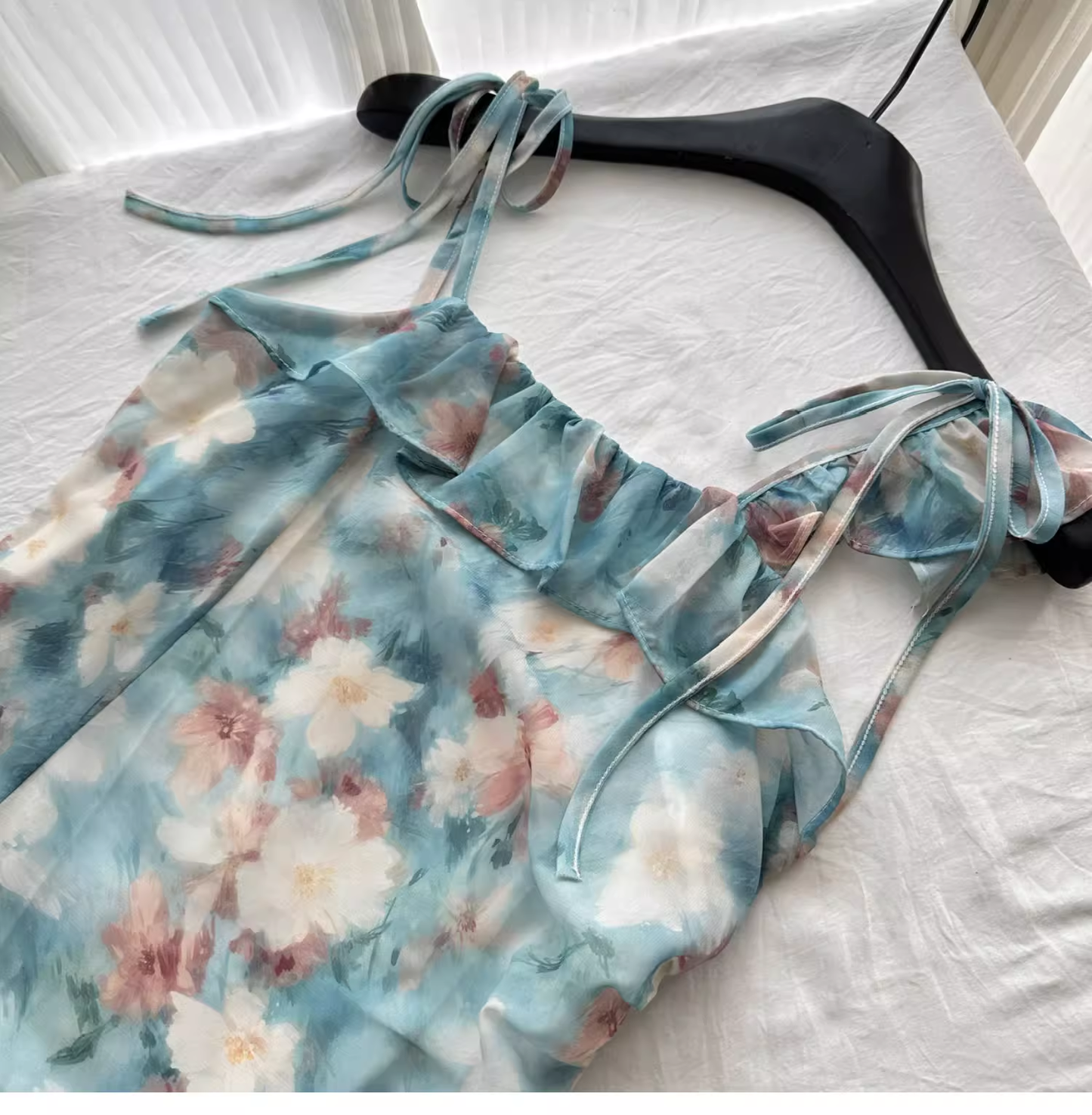 Spaghetti Straps Irregular Ruffles Short Holiday Dress YM2079