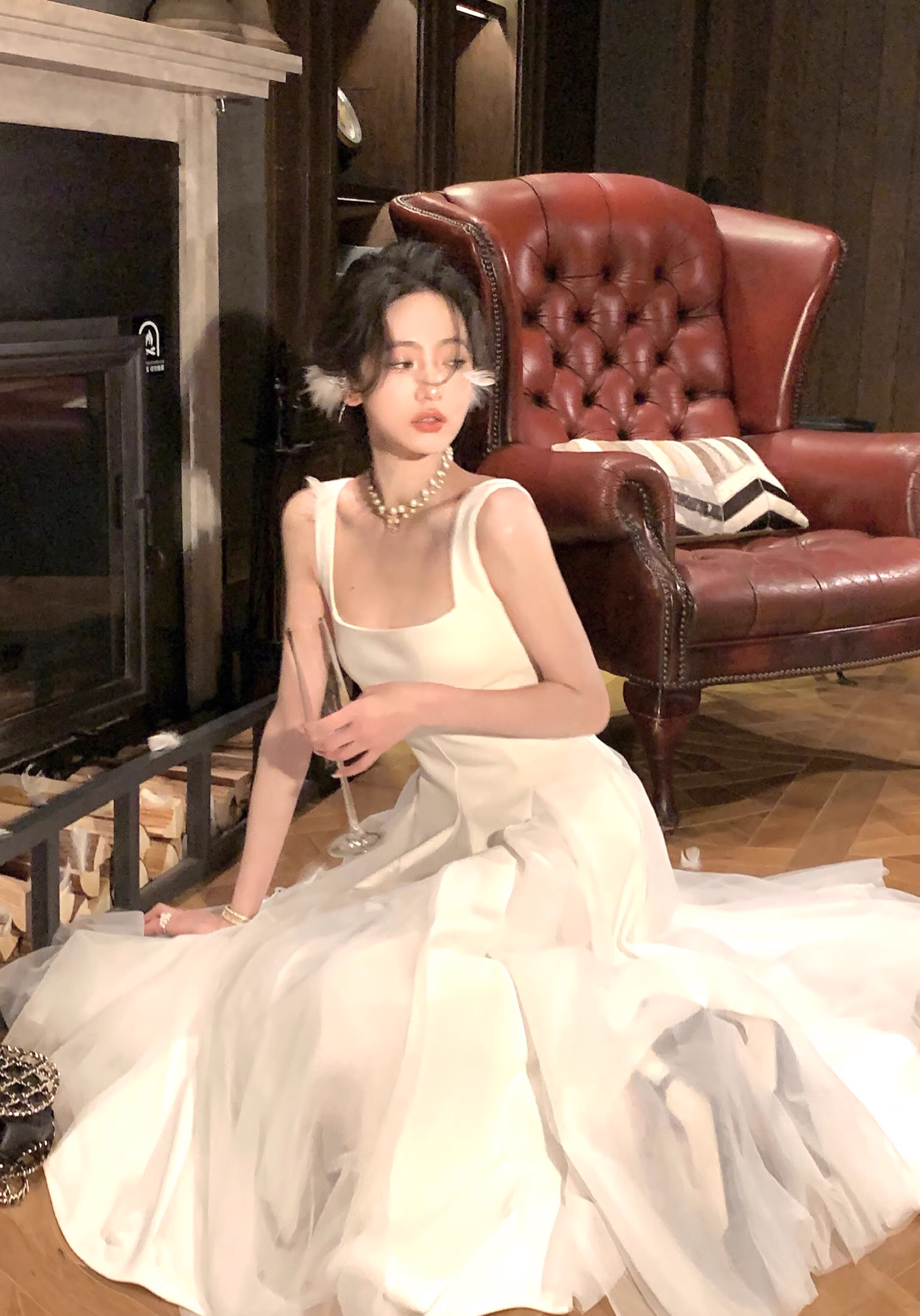 White Suspender Dress Net Gauze Fluffy Fairy Long Prom Dress YM2062