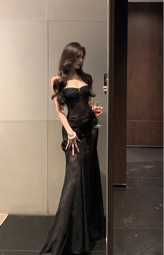 Sexy Floral Lace Strapless Evening Dress Black Long Party Dress YM2174
