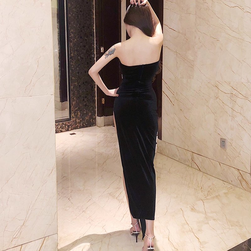 Sexy Strapless Velvet Burgundy Slit Party Dress YM2191