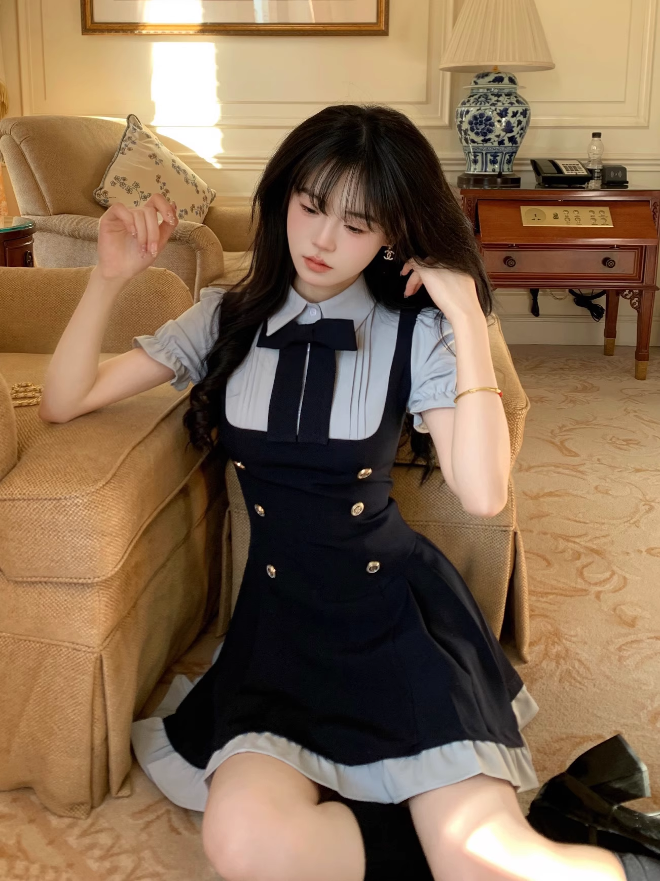 Preppy Style Fake Two-Piece Navy Blue Puff Sleeve Suspender Waist Party Dress YM2039