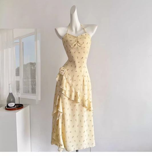 Sweet Slit Irregular Yellow Floral Vacation Dress Two-Piece YM2083