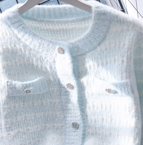 Blue Short Sweater Jacket Autumn And Winter Sweet Knitted Cardigan YM2365