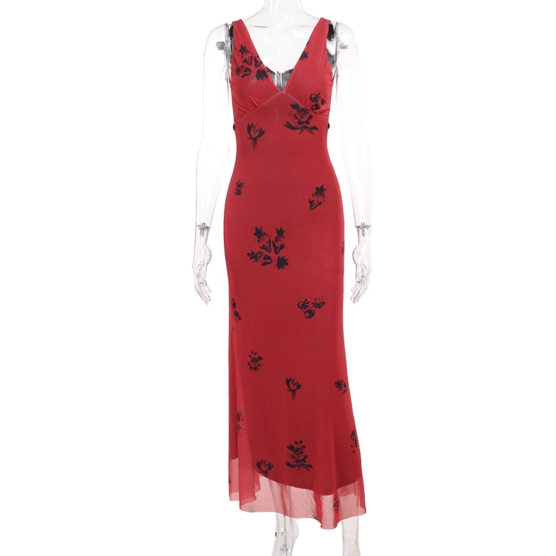 Sexy V Neck Red Print Floral Long Birthday Dress Vacation Dress YM2203