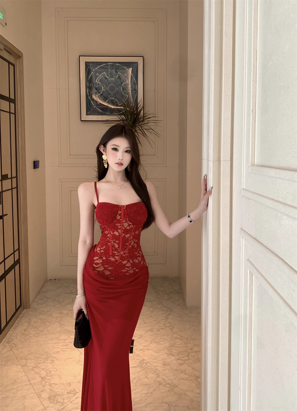 Sexy Red Lace Straps Party Dress Birthday Dress YM2171