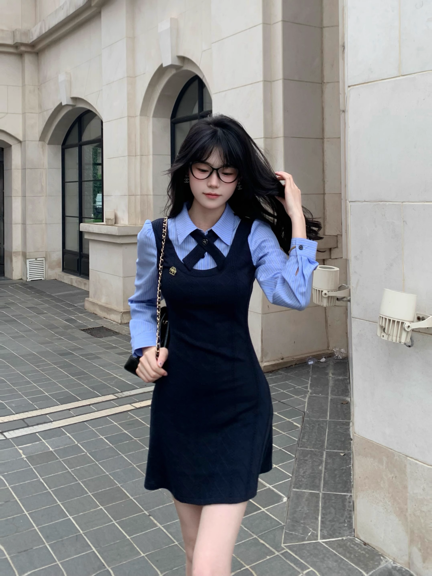 College Style Striped Shirt Fake Short Two Piece Dress Women's New YM2035