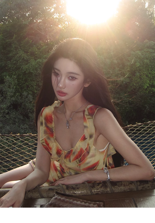 Sexy V Neck Holiday Style Floral Party Dress Straps Ruffles Prom Dress YM2004