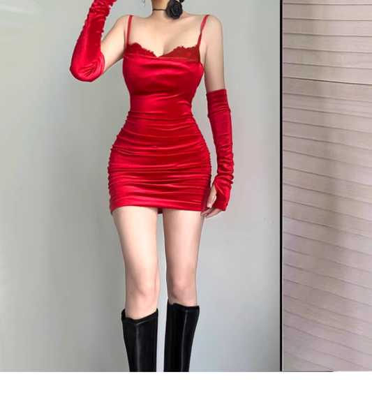 Sexy Red Spaghetti Strap Velvet Sheath Cocktail Dress Birthday Outfits YM2195