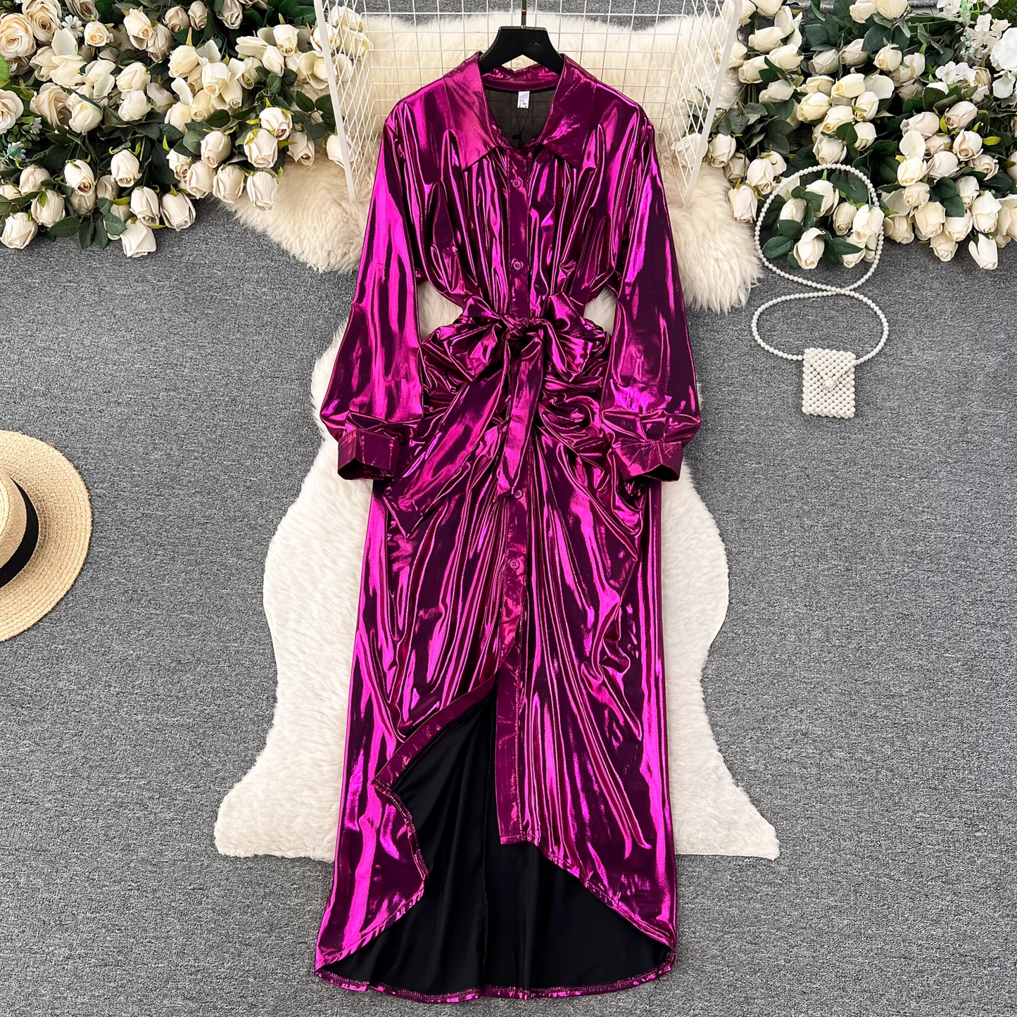 Designed pleated strappy shirt dress casual summer dress for women YM608